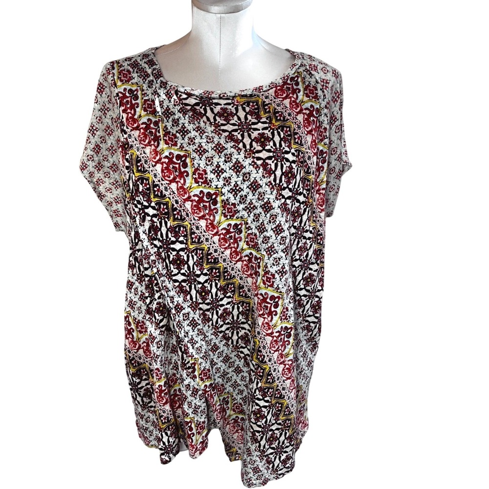 Sundance 100% Linen Tunic Top XL Geometric Print Red Aztec Boho Wrap Boho Hippie